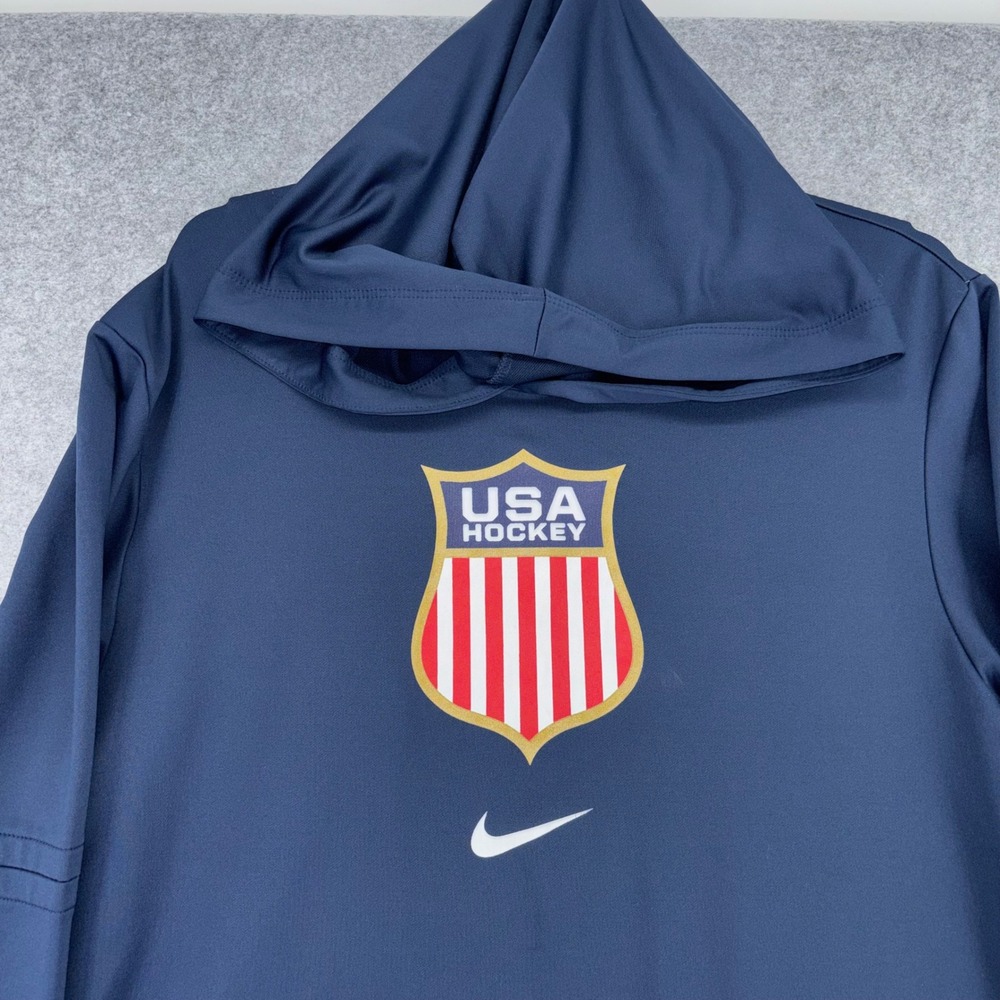 Nike USA Hockey Dri-FIT Hoodie Mens Large Navy Blue Long Sleeve Training Shirt